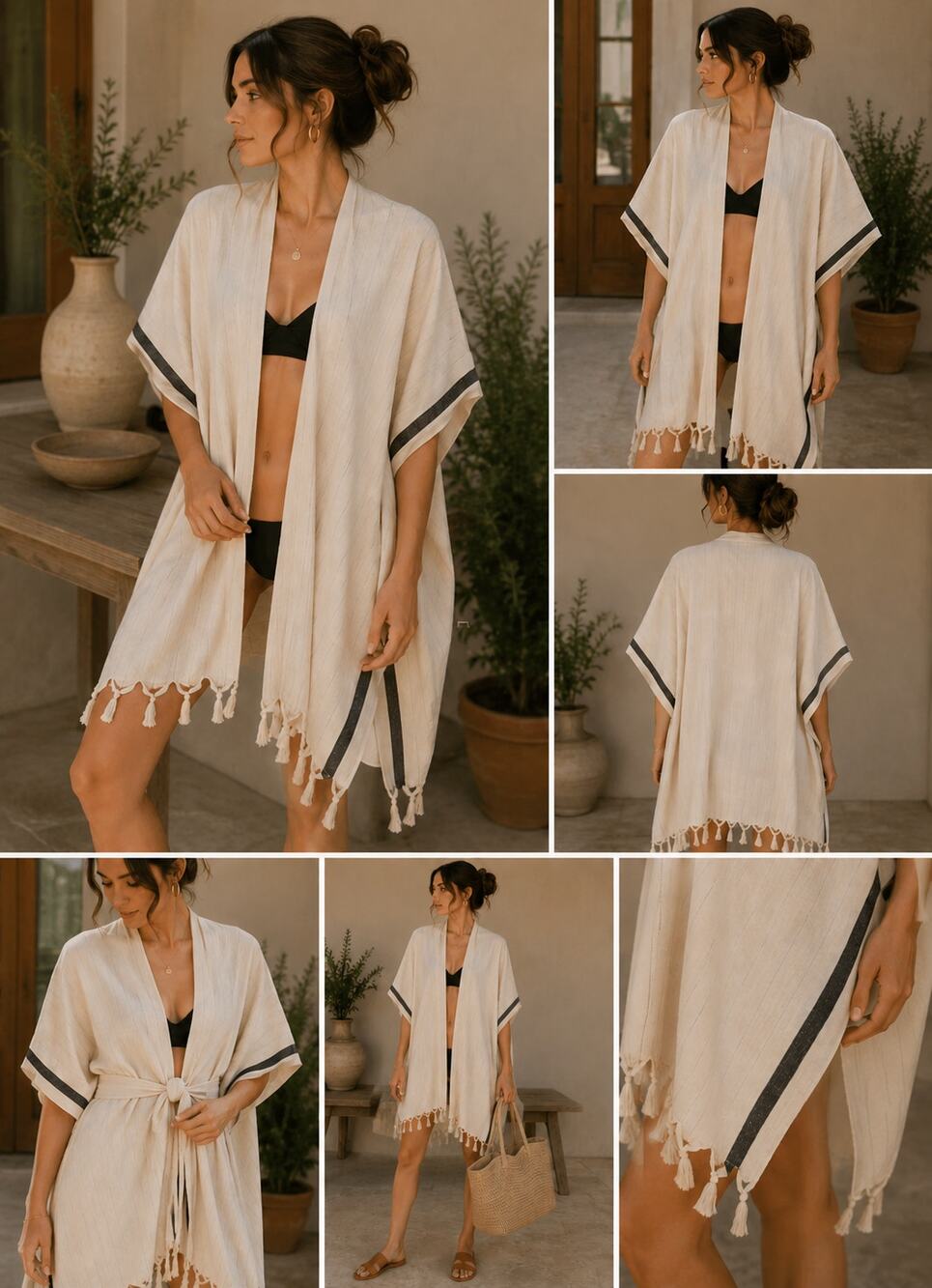 The Loomia Silvia Kimono Beach Cover Up OSFM Cream Black Turkish Cotton Fringe